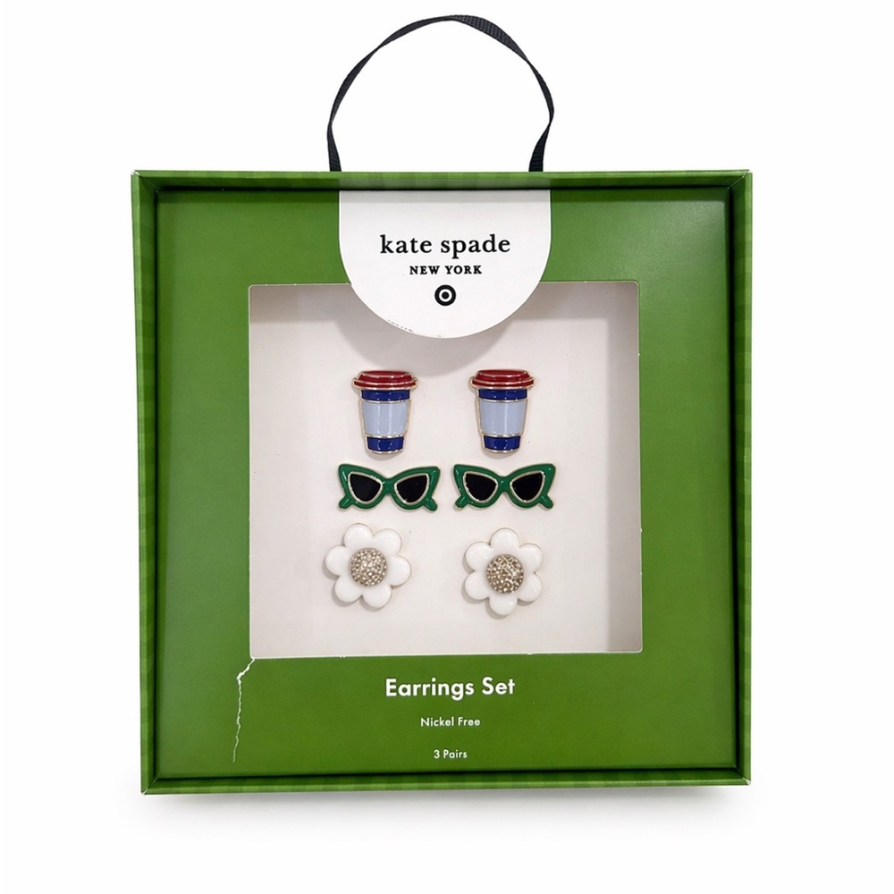 Kate Spade Earrings Set 3 Pairs Coffee Sunglasses Flower Gift Box NWT